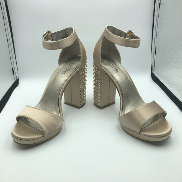 Michael Kors Erika Rhinestone Champagne Satin Womens Platform Heels Size 6 - Picture 2 of 5